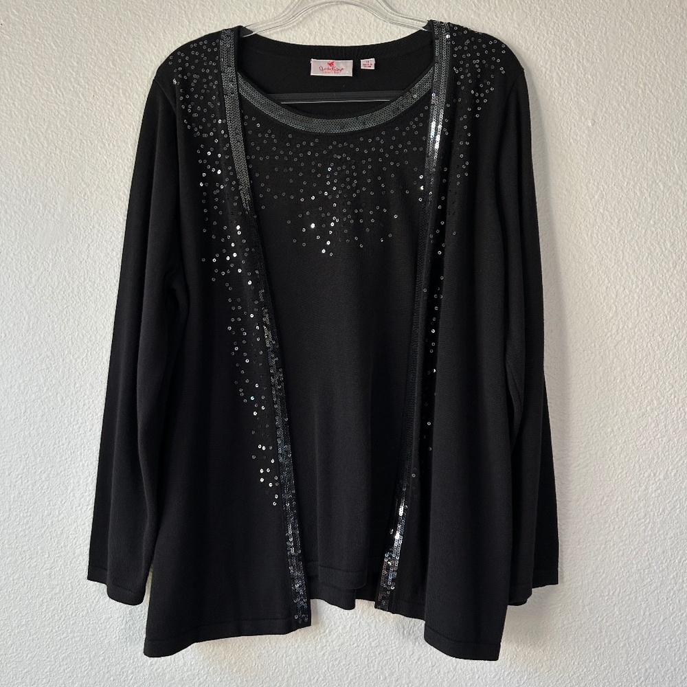 Quacker Factory plus size 1X tank cardigan duet black sequin trim cotton blend